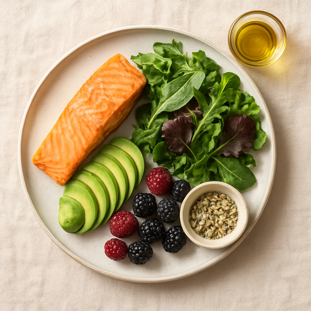 A fresh, hormone-balancing meal of salmon, avocado, greens and berries