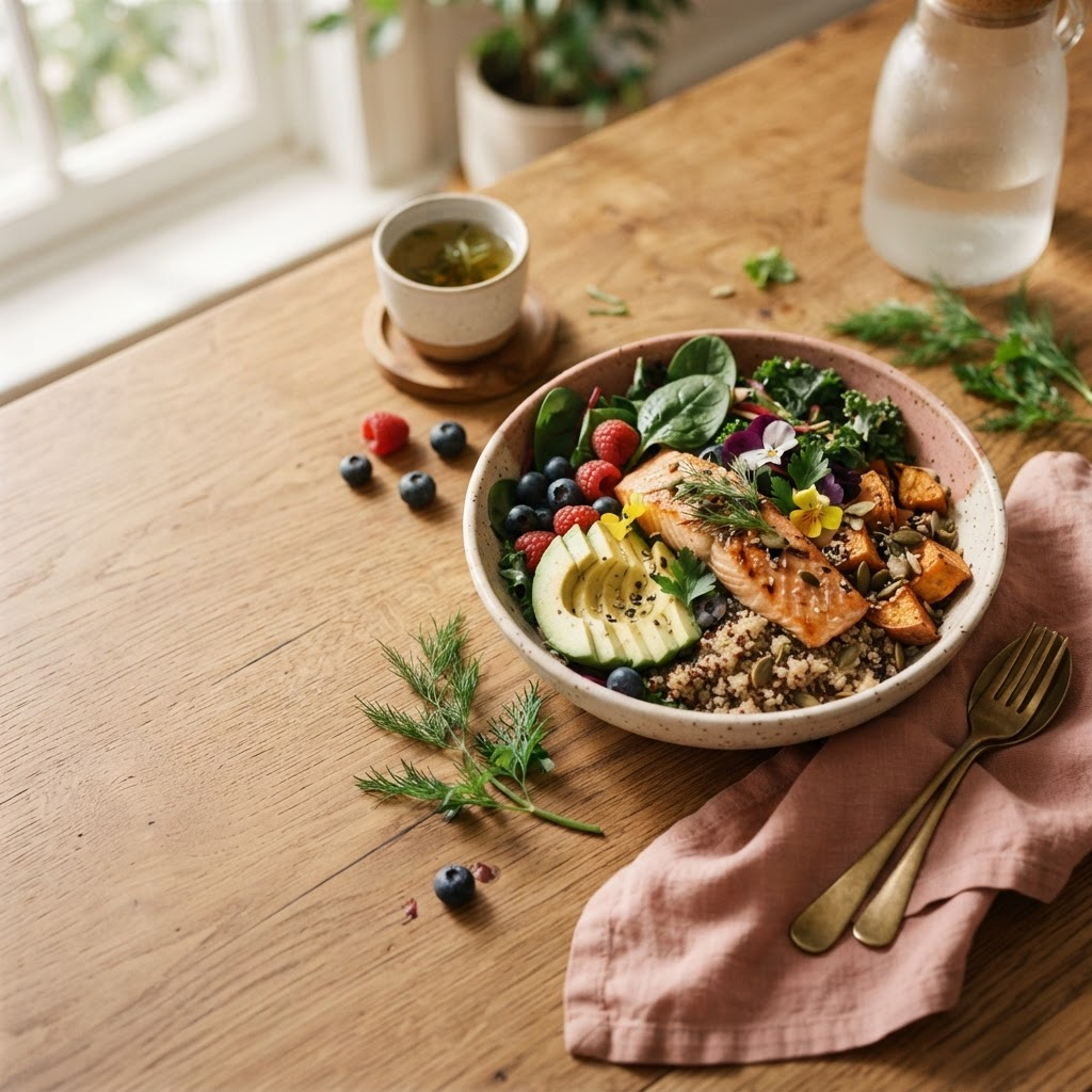 A nourishing, hormone-friendly bowl of salmon, avocado, greens and berries on a warm wooden table